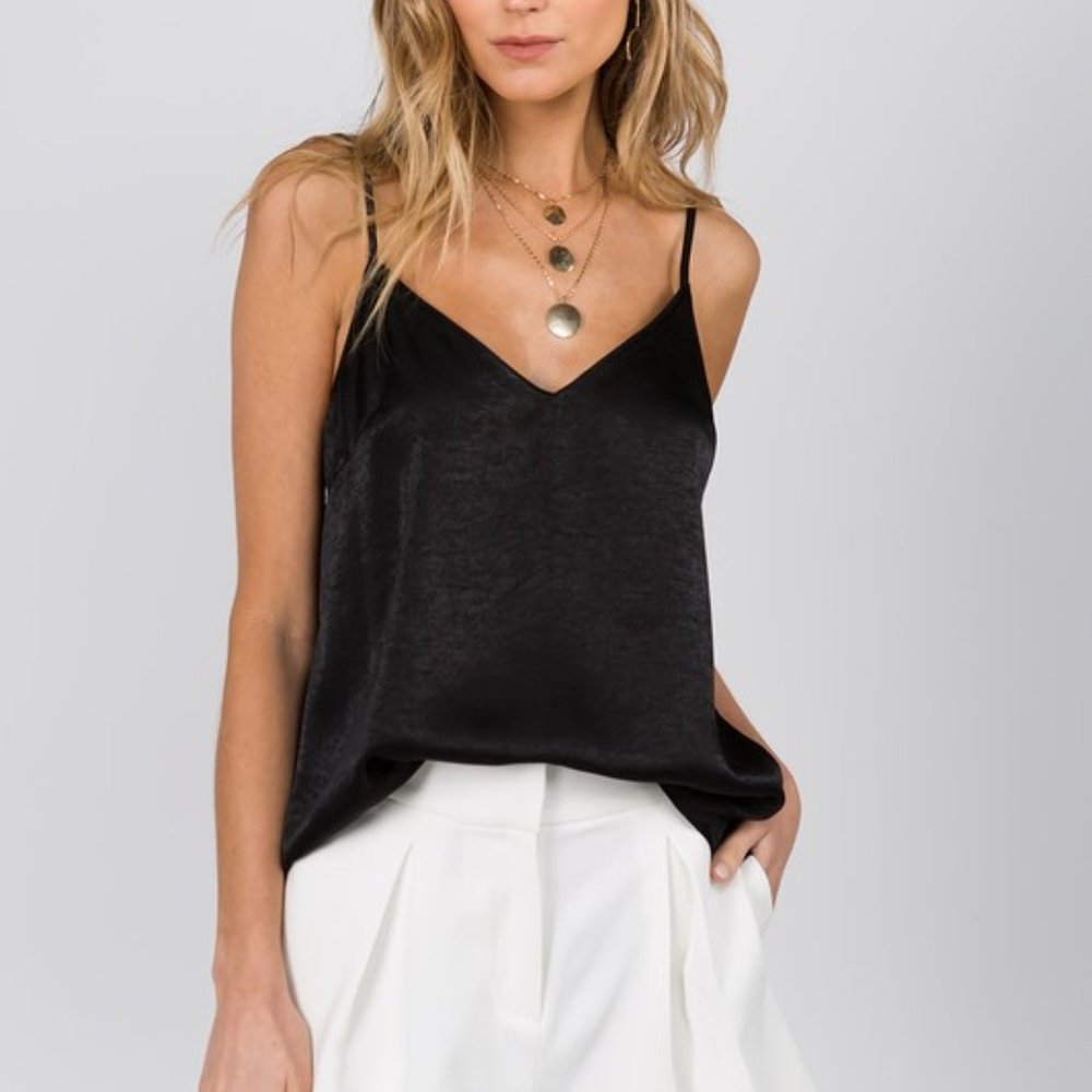 Silky Black Low-Back Top with Lace